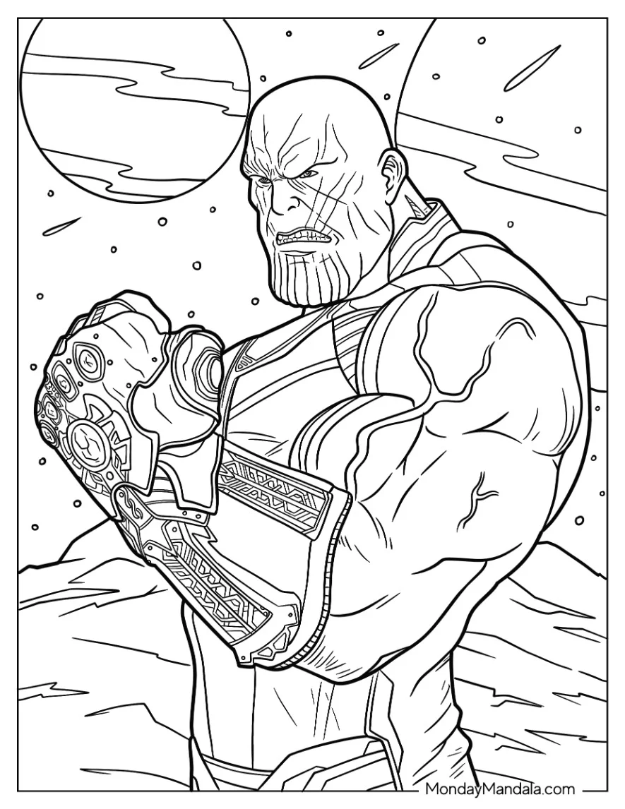 Realistic Thanos Coloring Page In Outer Space Wearing The Infinity Gauntlet coloring page