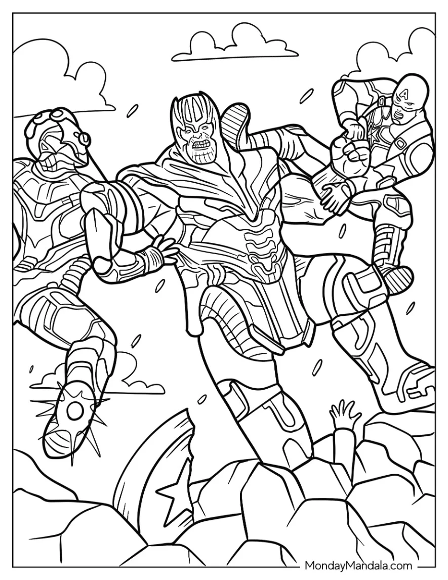Thanos Coloring Page Battling Iron Man And Captain America coloring page — printable line art
