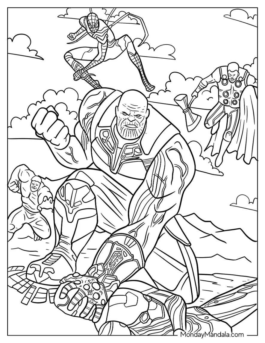 Thanos Coloring Page Fighting Hulk, Spider Man, And Thor coloring page
