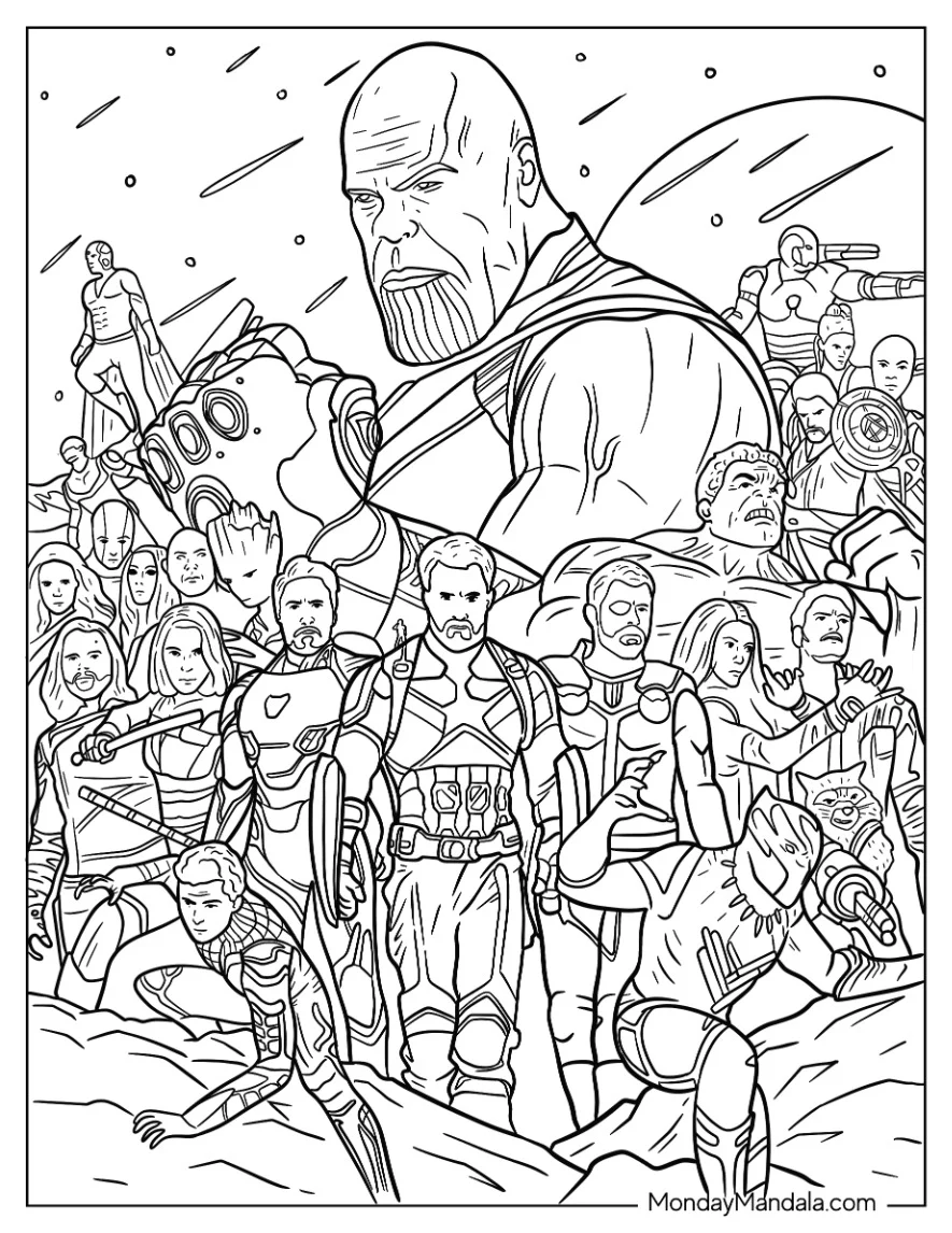 Thanos Coloring Page With All The Avengers Poster coloring page