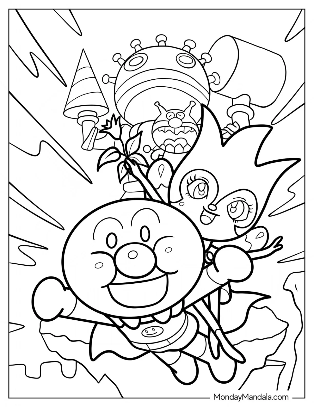 Anpanman Coloring Page And Rinrin Being Chased By Baikinman coloring page — printable line art