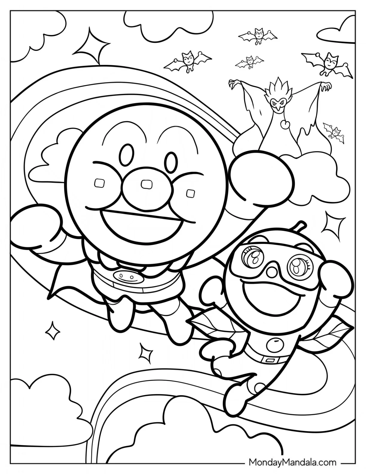 Anpanman Coloring Page Flying With Apple Boy coloring page