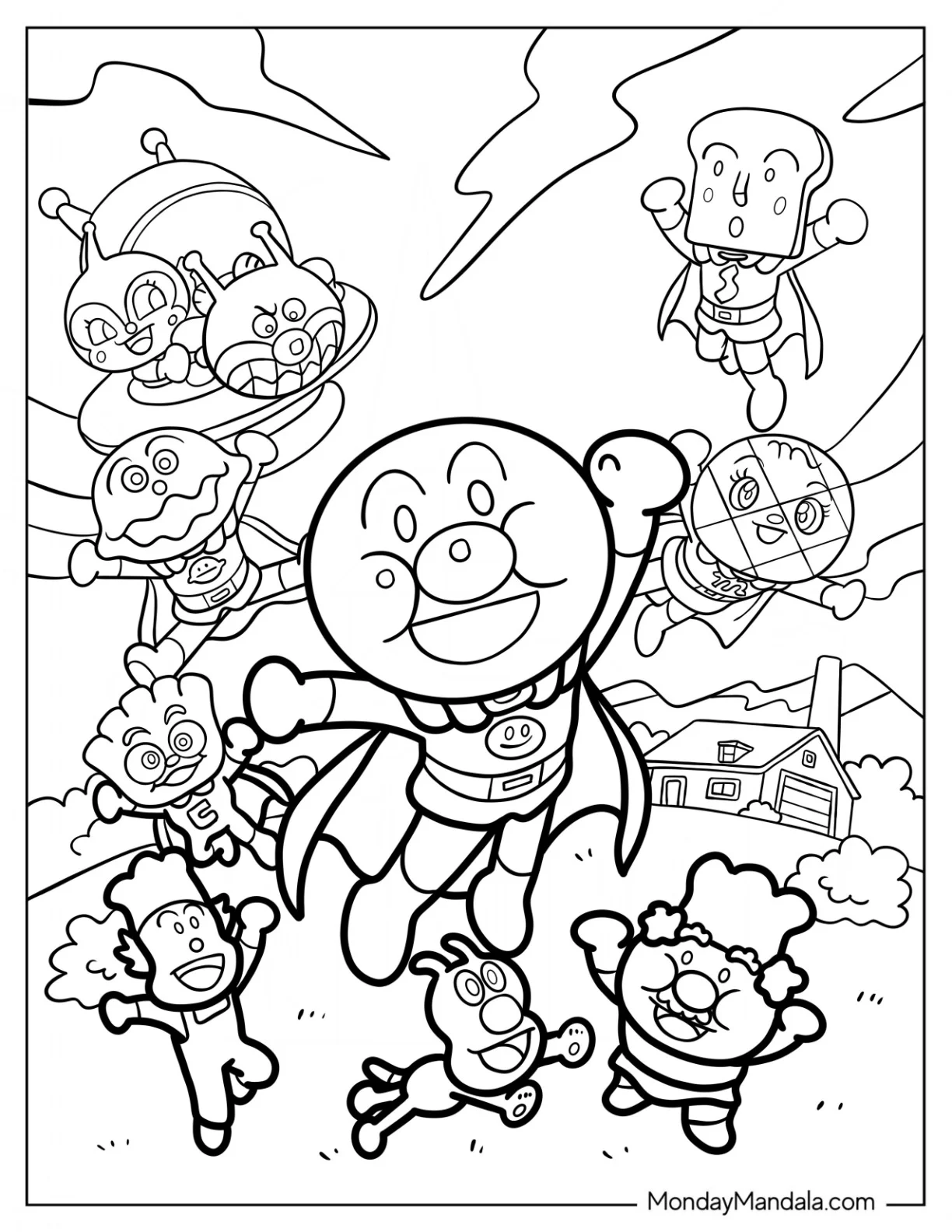 Anpanman Coloring Page With Melonpanna, Shokunpanman, Baikinman, Cream Panda, Curry Panman, Dokinchan, Baikinman, Butterko, Uncle Jam, And Cheese coloring page