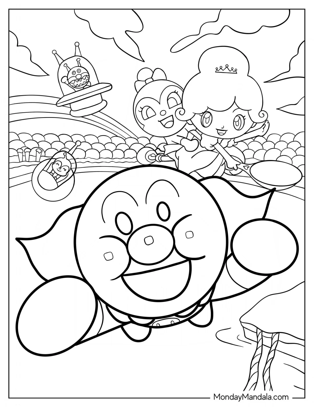 Anpanman Coloring Page With Princess Vanilla, Kokinchan, Dokinchan, And Baikinman coloring page