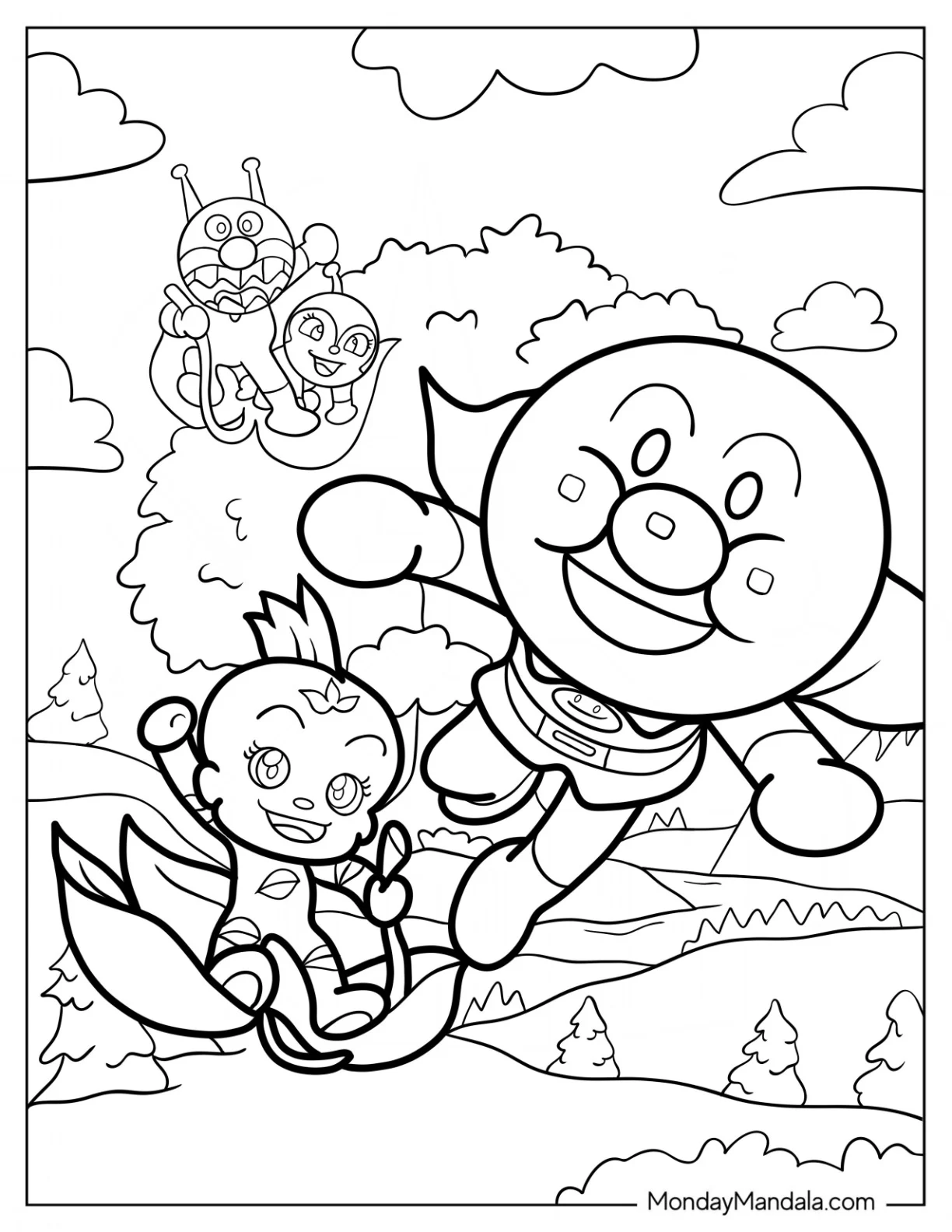 Princess Cloverlove With Anpanman Coloring Page, Baikinman, And Dokinchan coloring page
