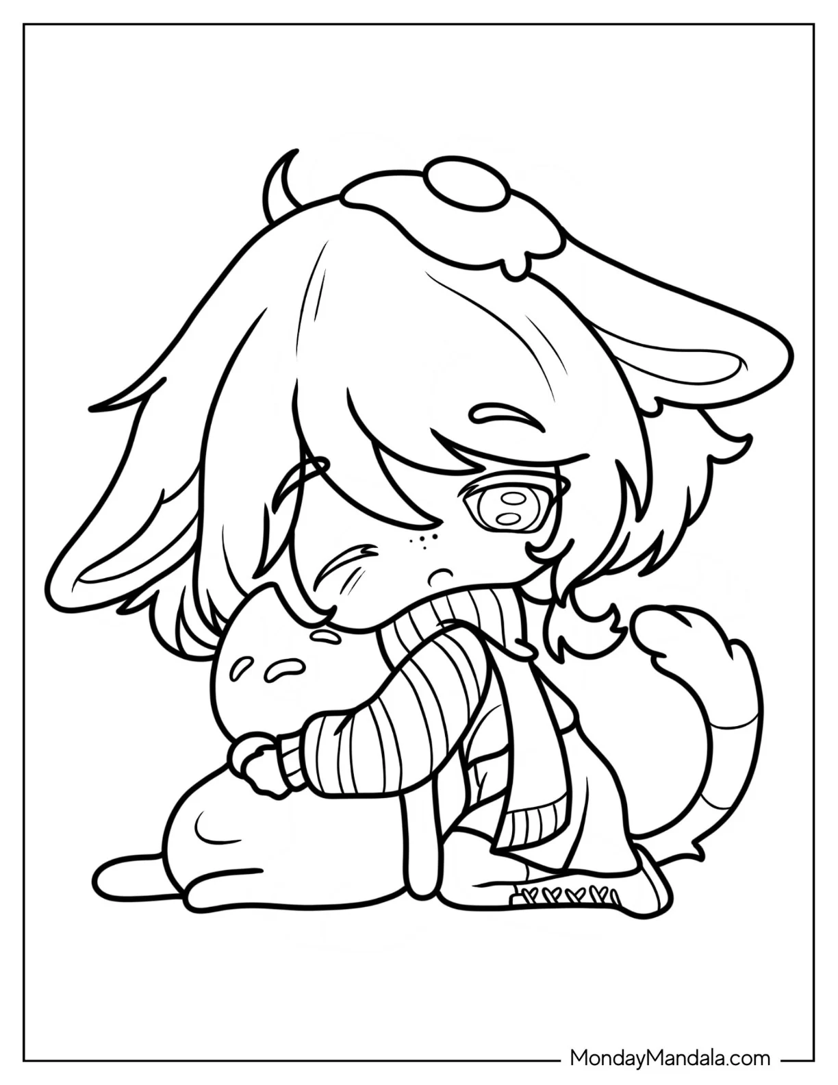 Chibi Anime Dog Girl Hugging Gudetama Coloring Page coloring page — printable line art