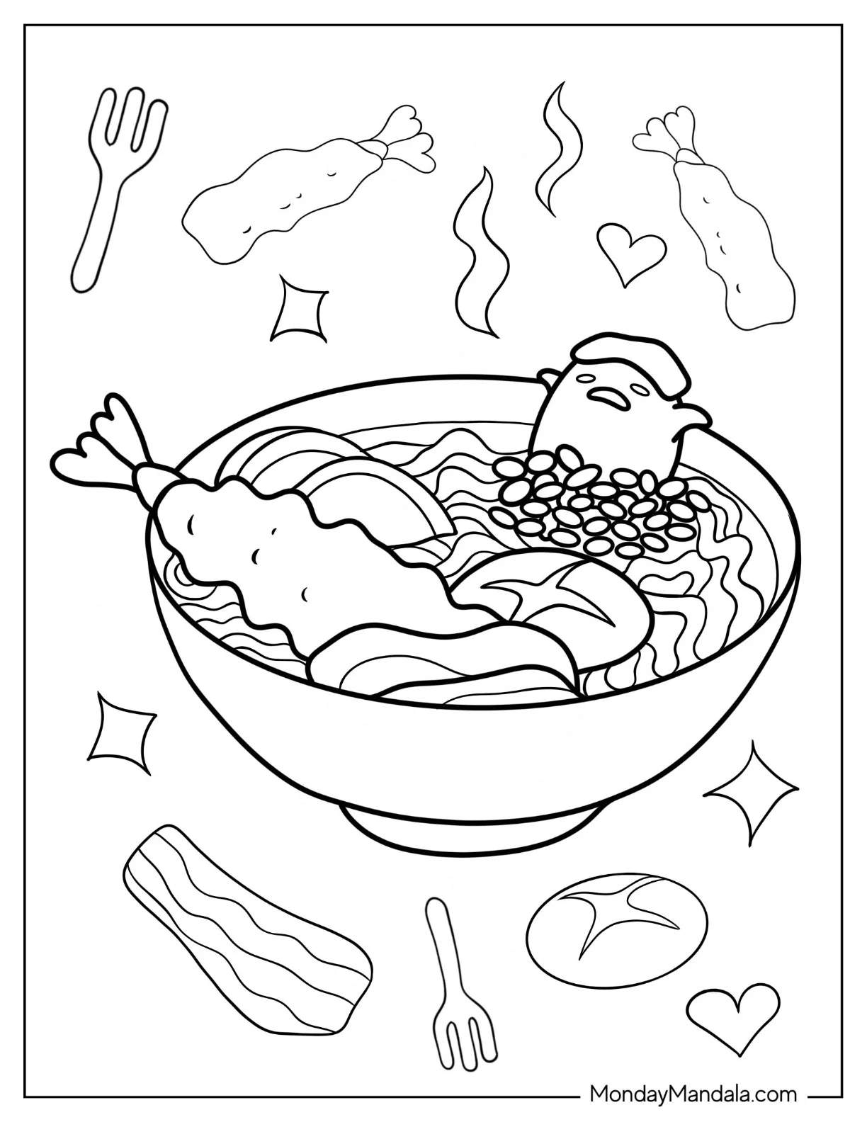 Cute Gudetama Coloring Page Bathing In Seafood Ramen coloring page