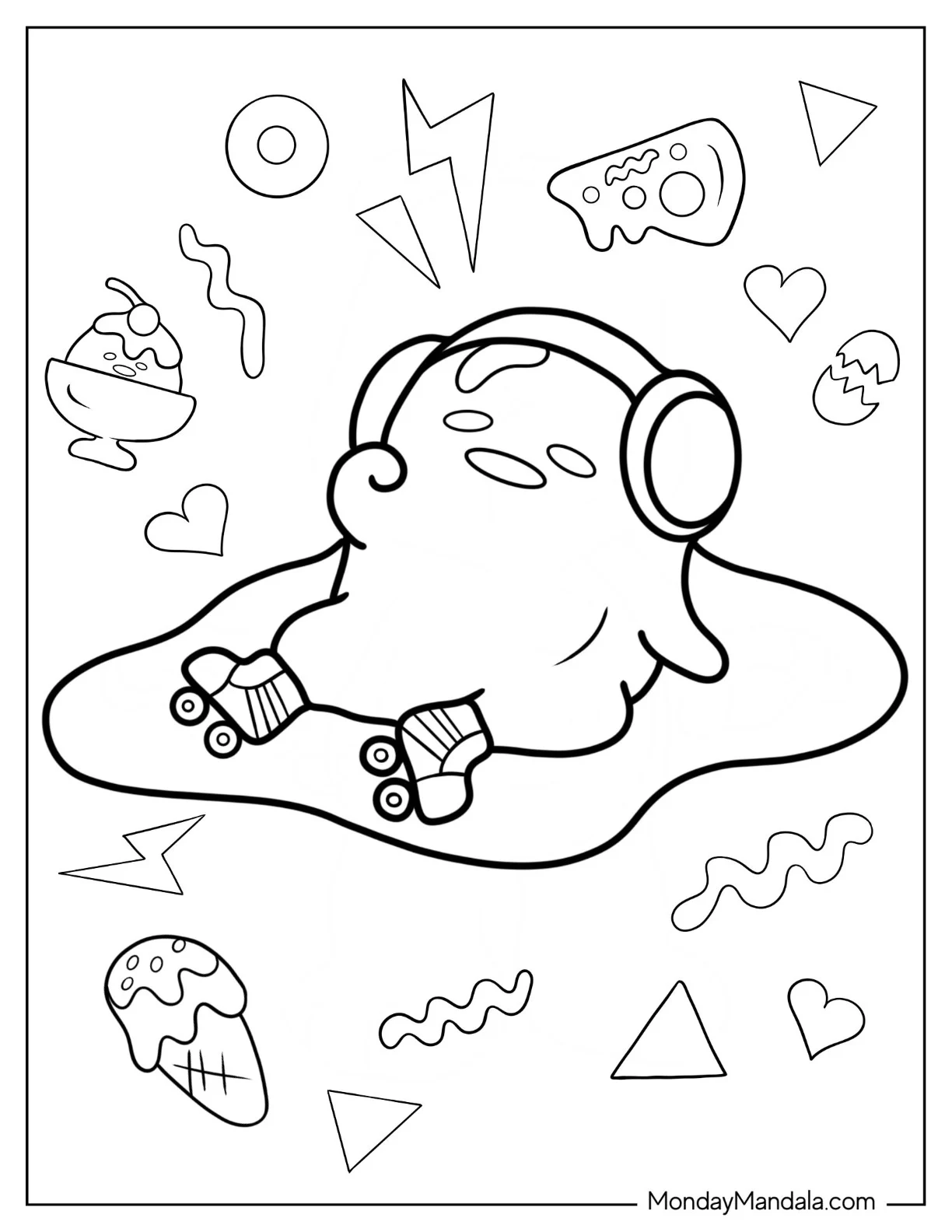 Cute Gudetama Coloring Page Wearing Headphones And Rollerblades coloring page — printable line art