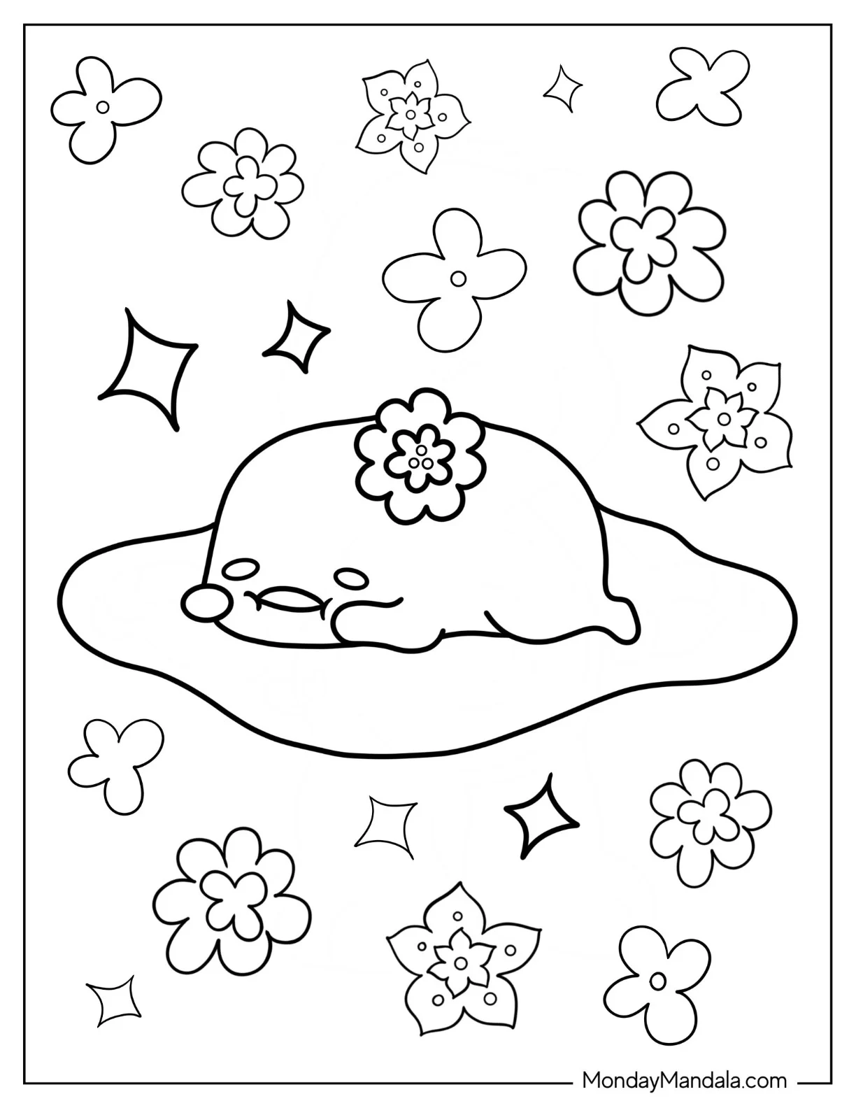 Easy Gudetama Coloring Page Outline With Flower coloring page