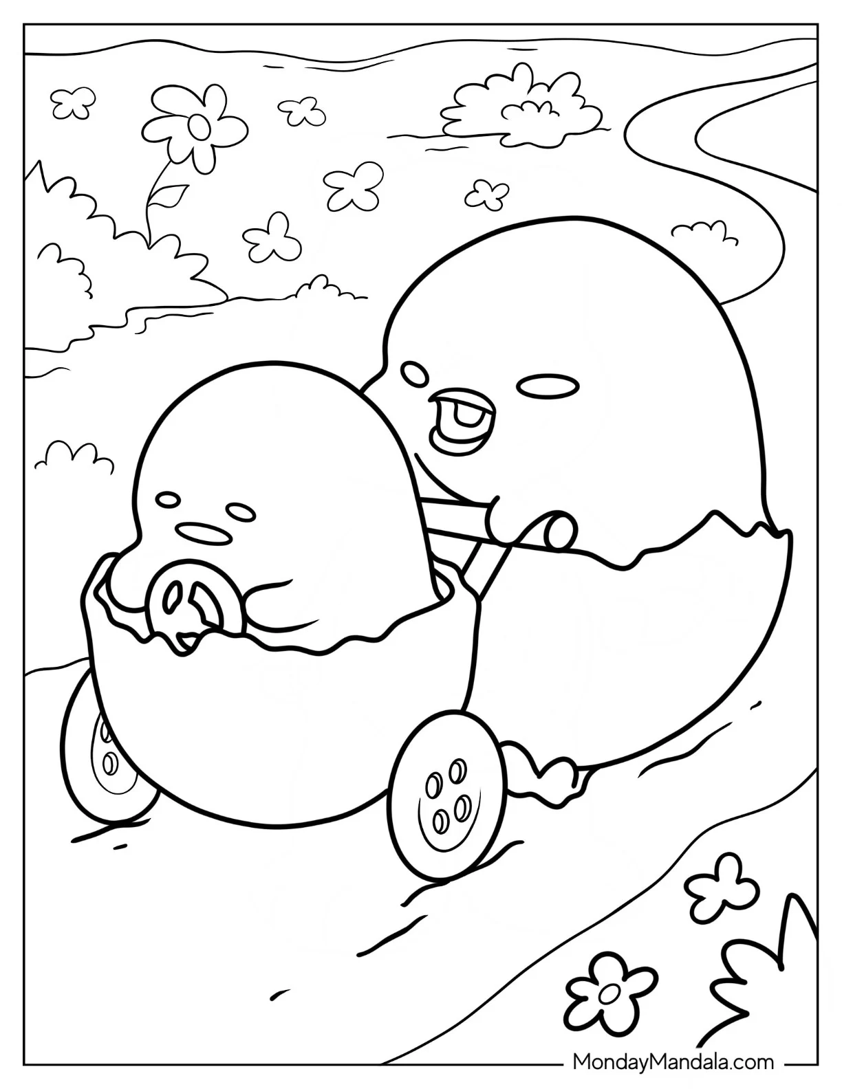 Gilbird Pushing Gudetama Coloring Page On Eggshell Stroller For Kids coloring page