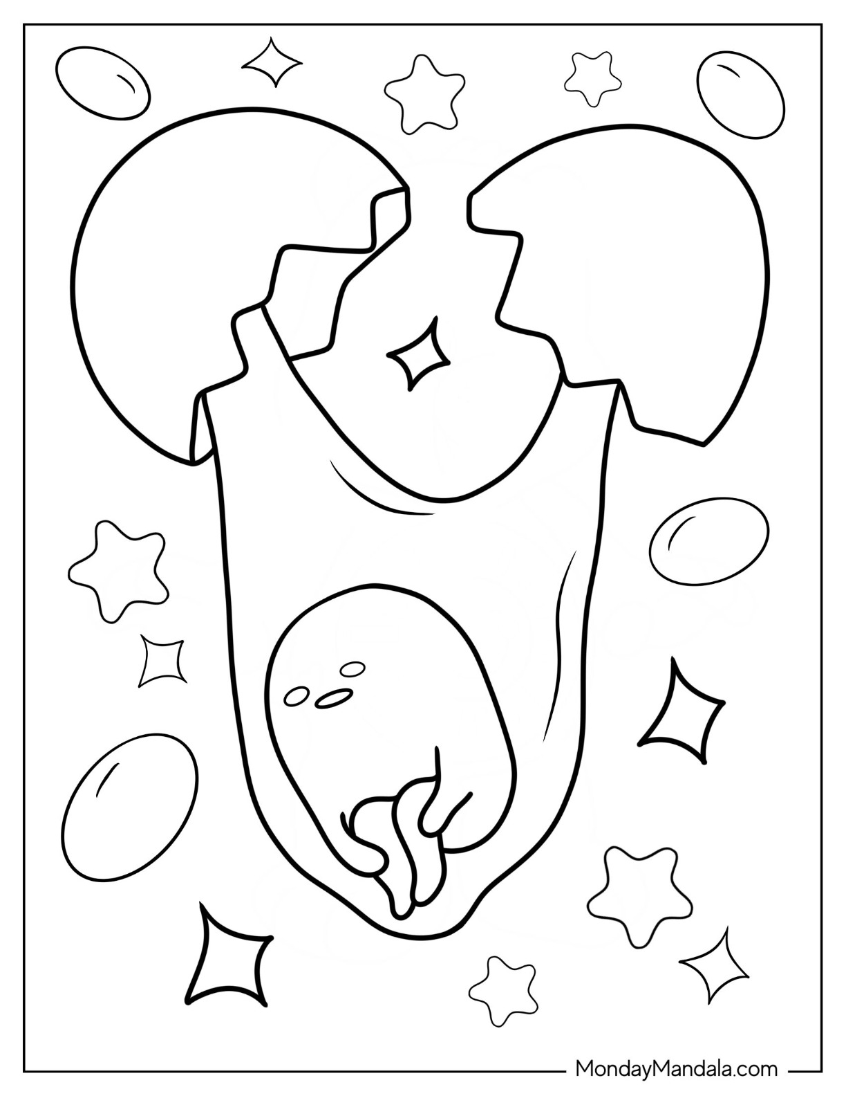 Gudetama Coloring Page Falling From Cracked Egg Shells coloring page — printable line art