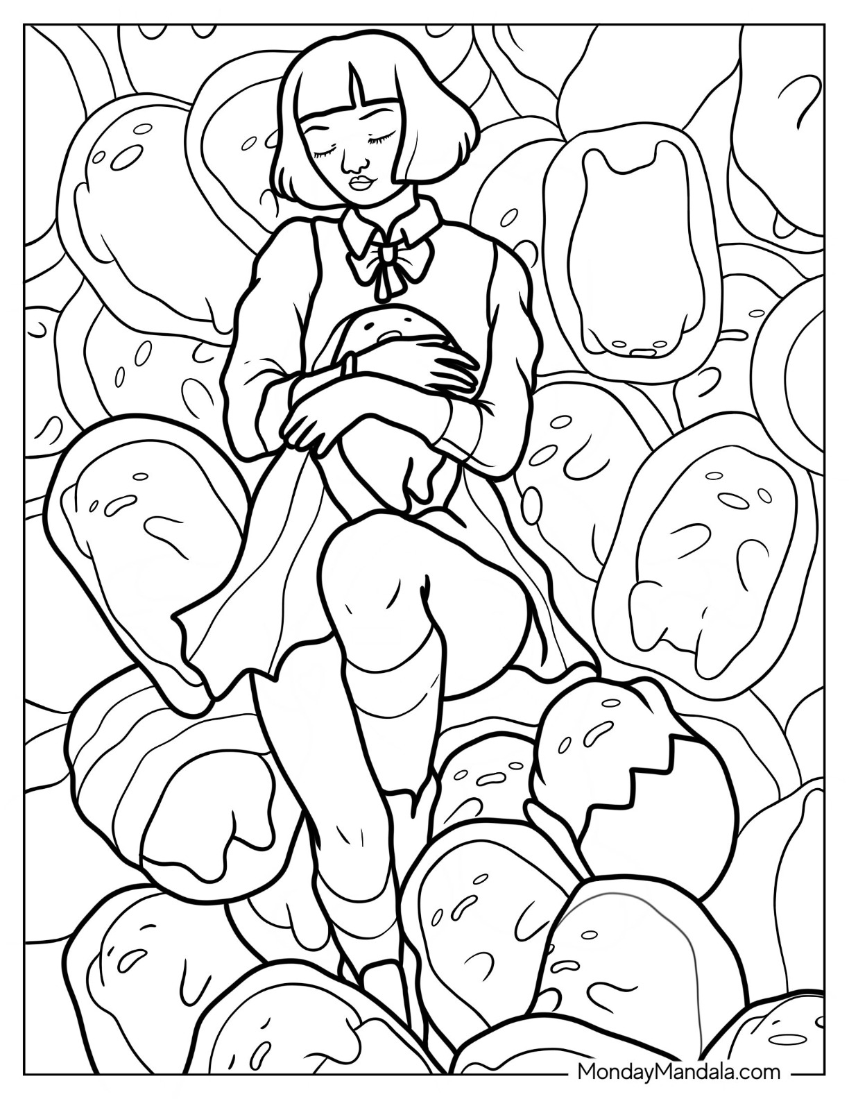 Gudetama Coloring Page Of School Girl Hugging Pillow coloring page — printable line art
