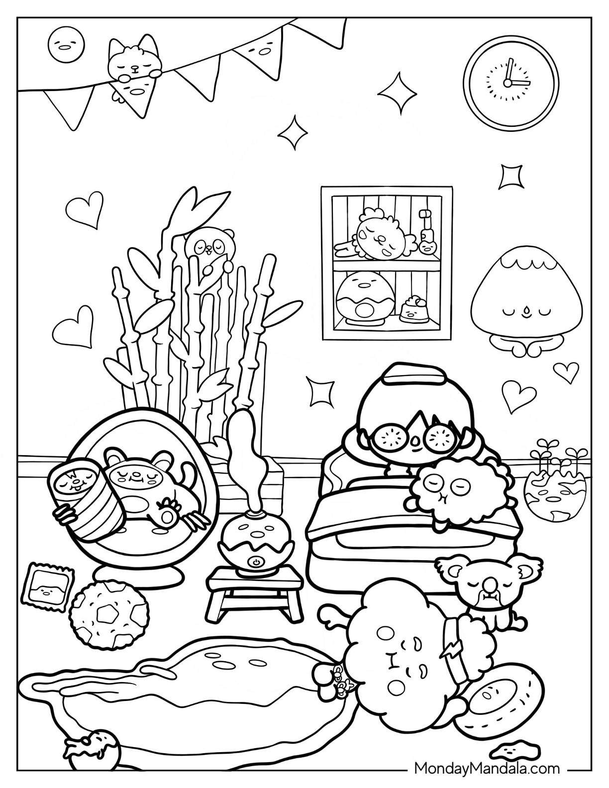 Gudetama Coloring Page Of Sleeping Boy In Bedroom With Decor coloring page