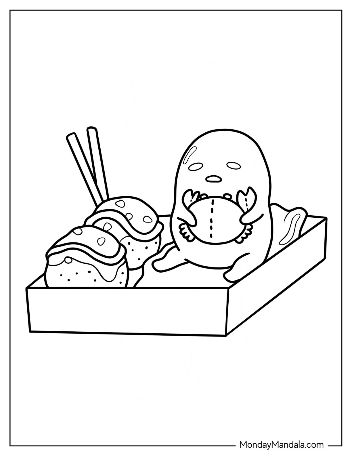 Gudetama Coloring Page Sitting Next To Takoyaki While Hugging Crab coloring page — printable line art