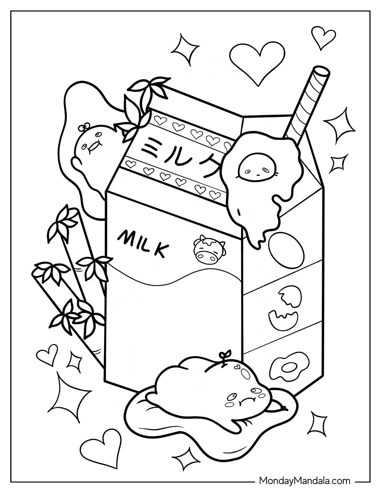 Gudetama Coloring Page Sleeping Next To Milk Box coloring page — printable line art