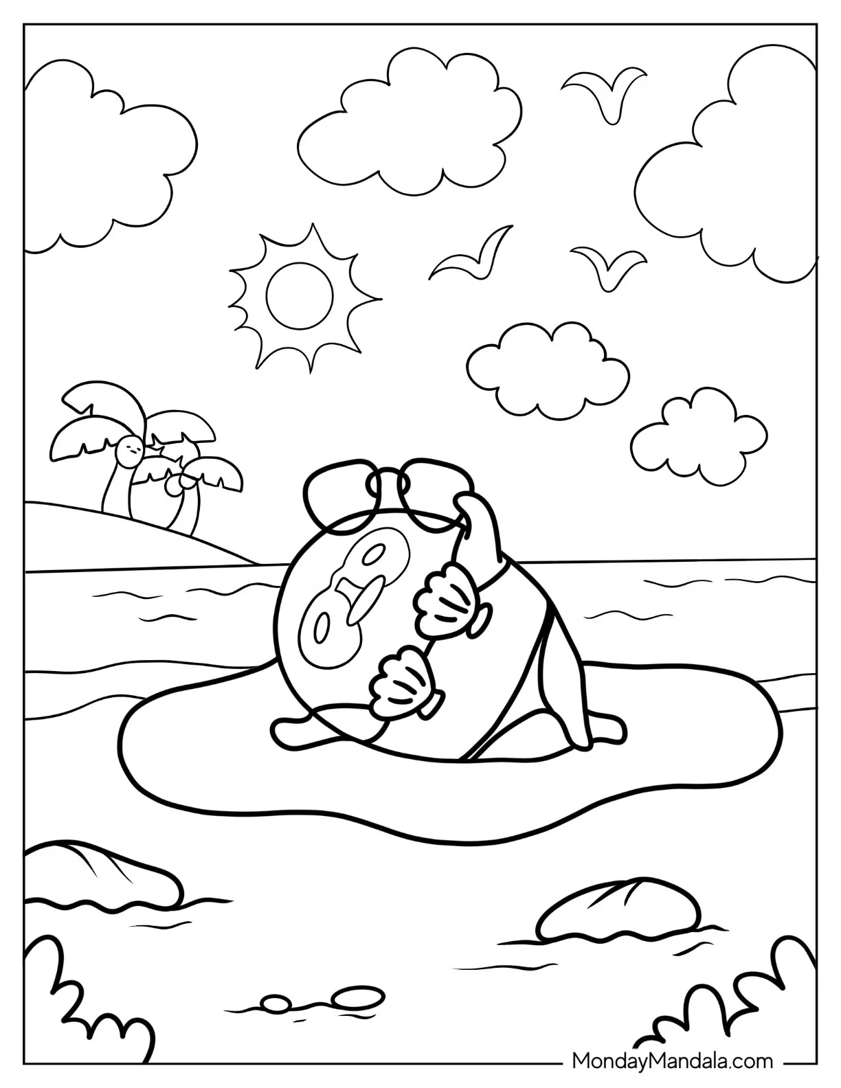 Gudetama Coloring Page Sunbathing In Seashell Bikini coloring page — printable line art