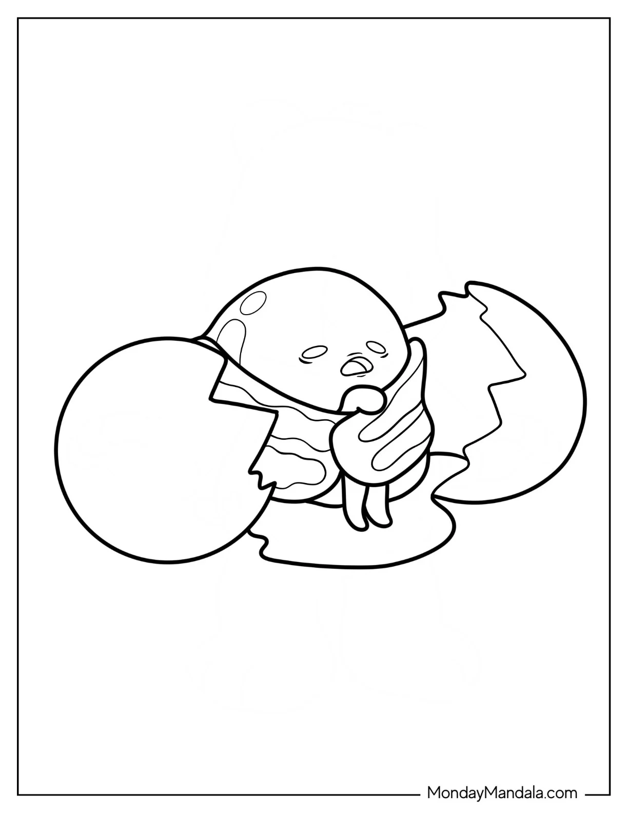 Gudetama Coloring Page Wrapped In Bacon Between Egg Shells coloring page