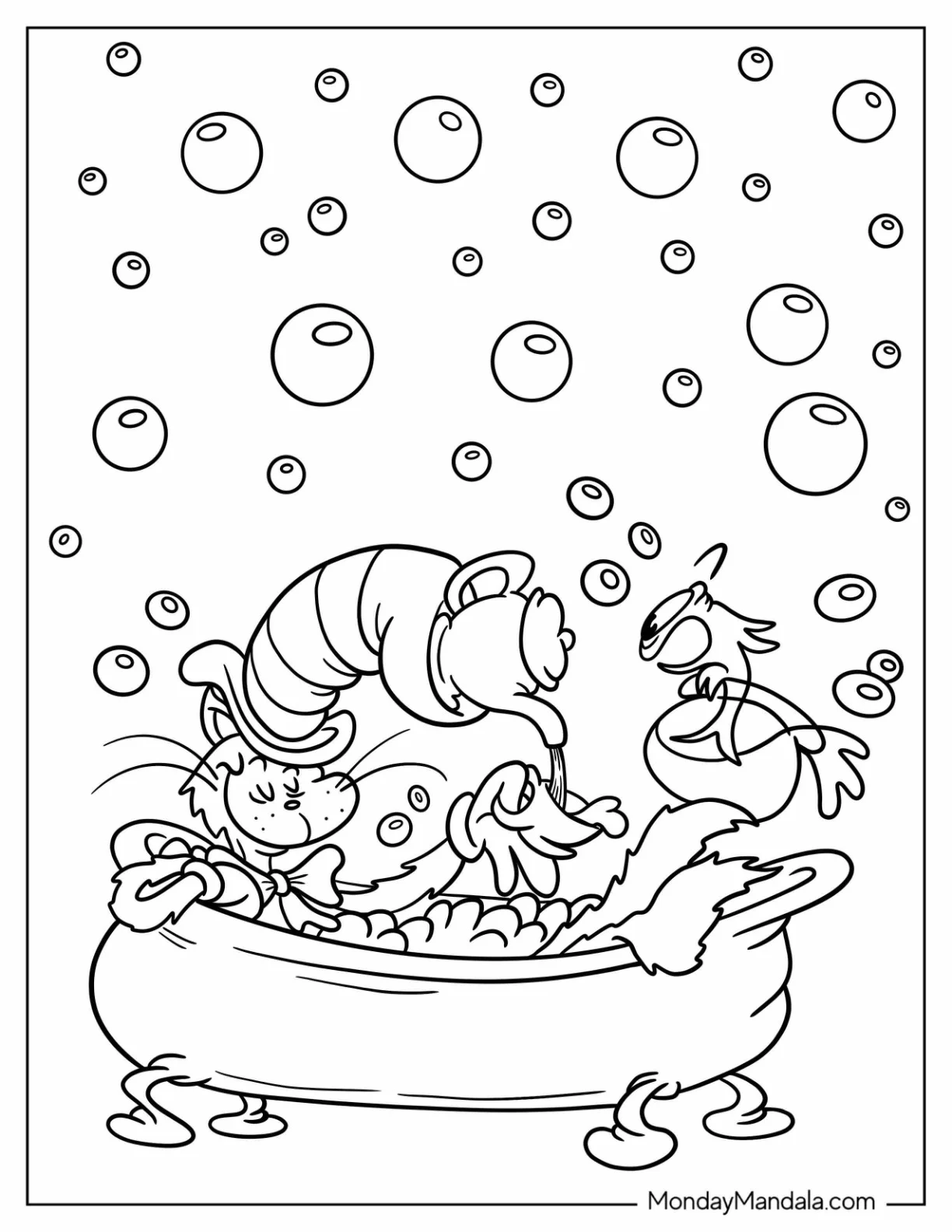 Cat In The Hat Pouring Tea In Bathtub While Fish Watches coloring page