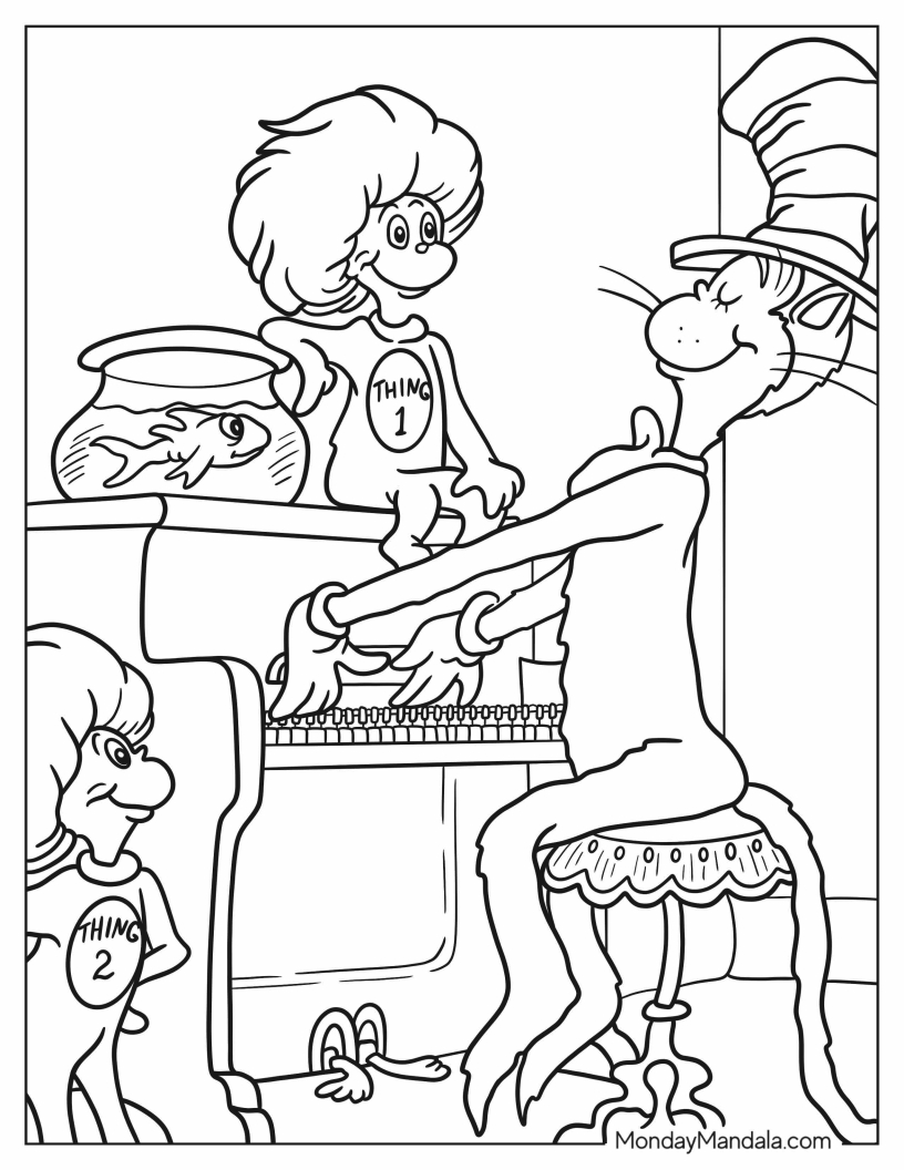 Dr. Seuss Coloring Page Of Cat In The Hat Playing Piano For The Fish, Thing One, And Thing Two coloring page