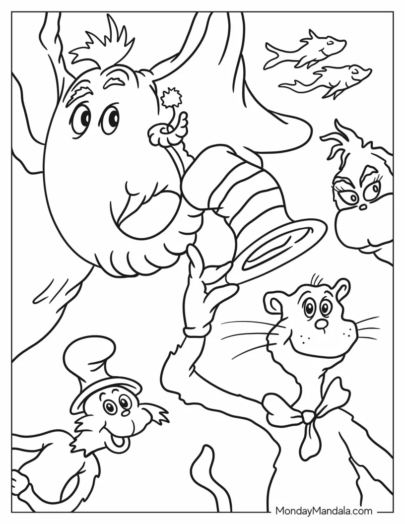 Dr. Seuss Coloring Page Of Grinch, Cat In The Hat, Horton, And Sam-I-Am coloring page
