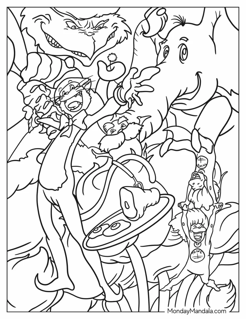 Dr. Seuss Coloring Page Of Grinch, Cat In The Hat, Thing One And Thing Two, Green Ham And Eggs, And Horton coloring page