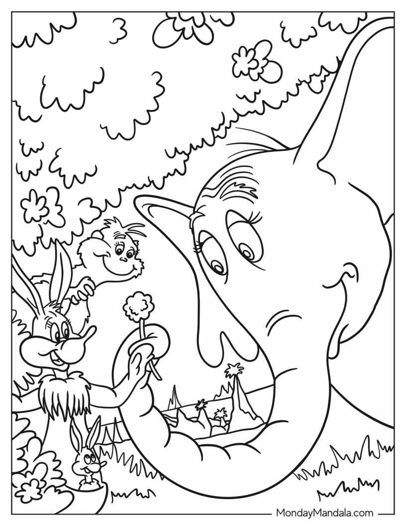Dr. Seuss Coloring Page Of Horton And Jane The Kangaroo Holding Up Clover coloring page