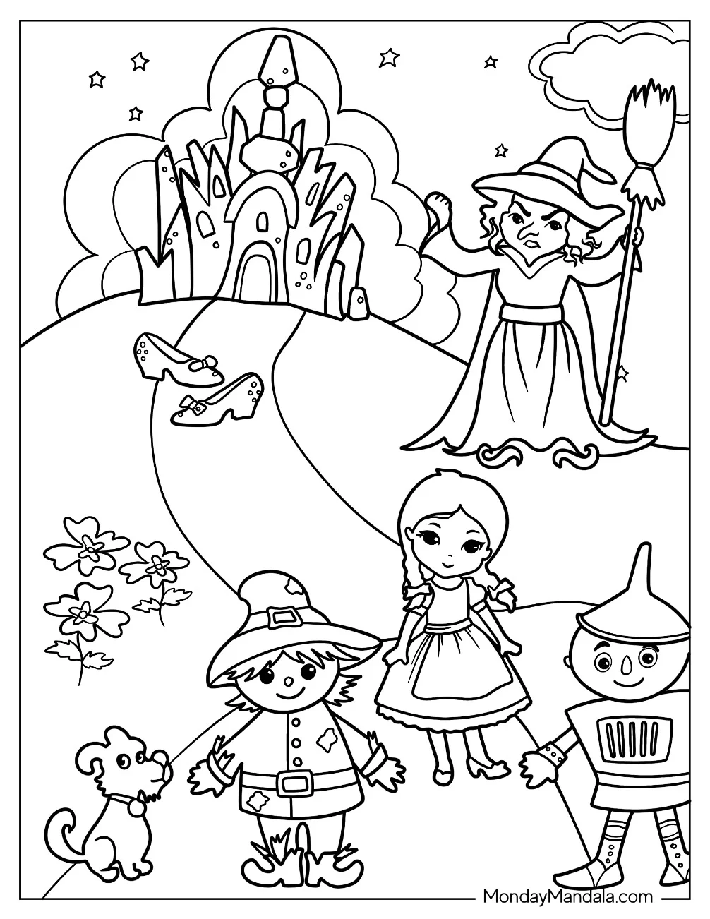 Cartoon Wizard Of Oz Coloring Page Of Witch, Dorothy, Tin Man, Scarecrow, And Toto For Kids coloring page — printable line art
