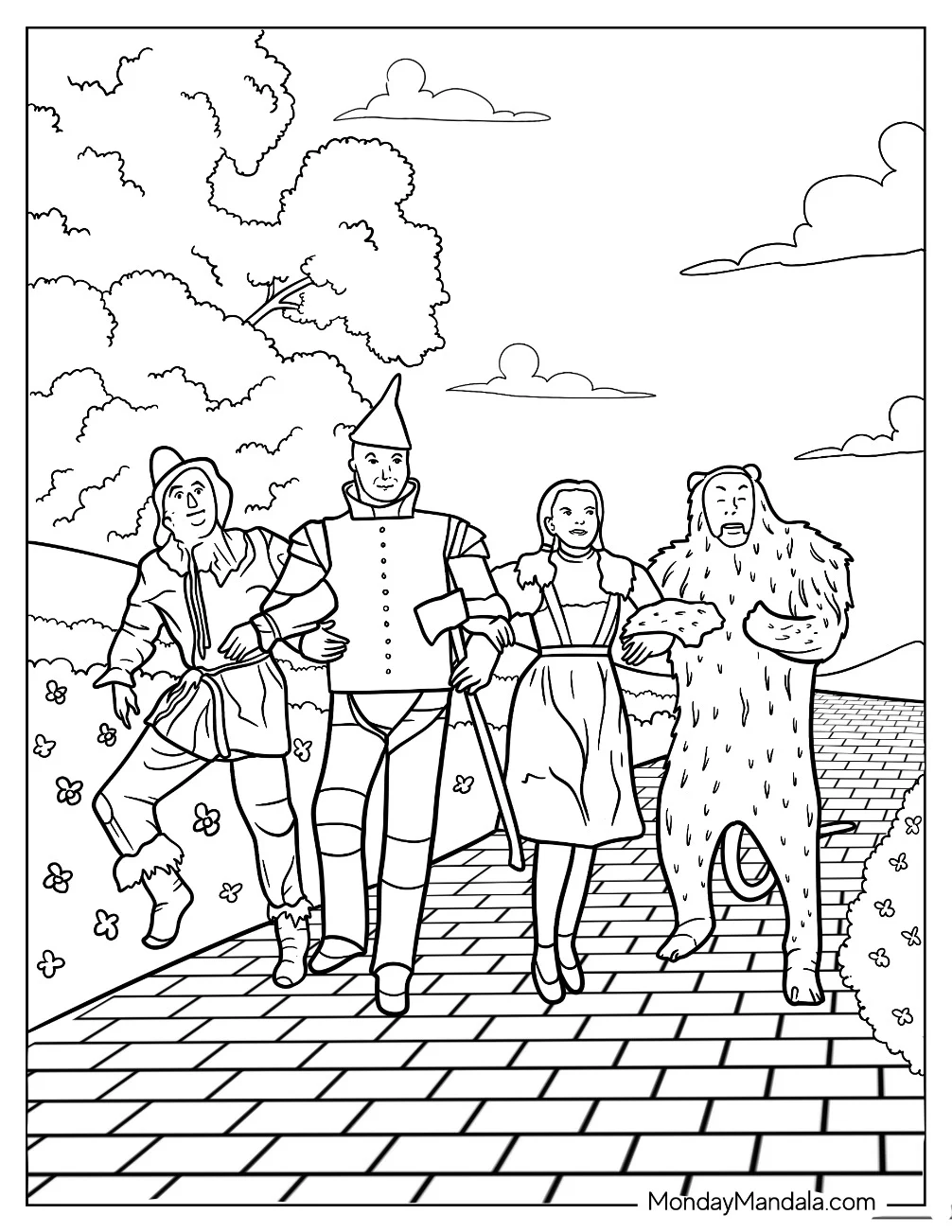 Realistic Dorothy, Tin Man, Scarecrow, And Lion Walking On The Yellow Brick Road coloring page