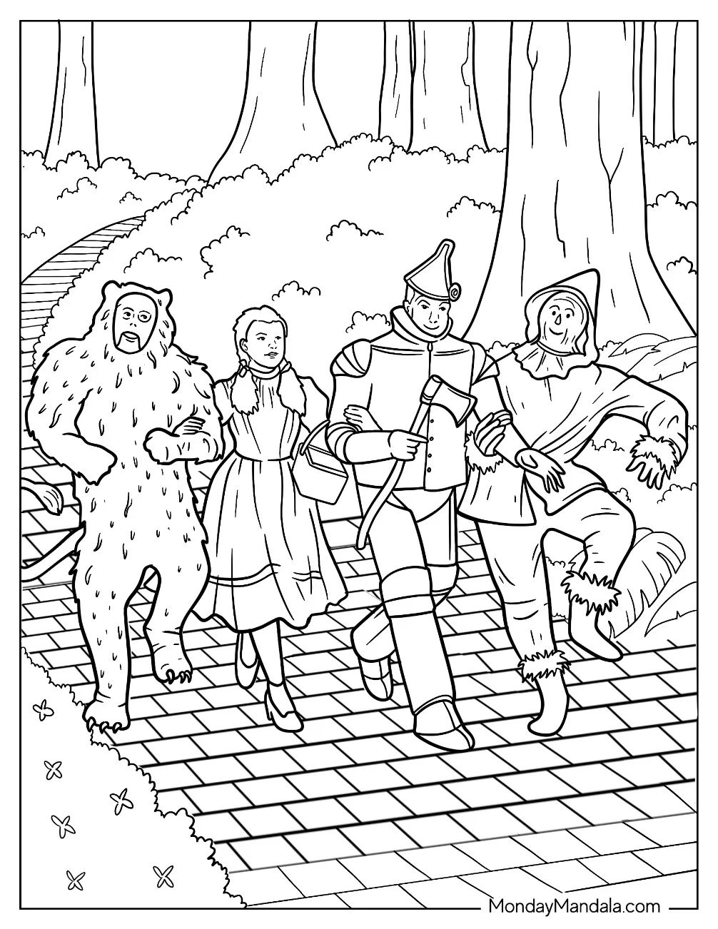 Wizard Of Oz Coloring Page Of Cowardly Lion, Dorothy, Tin Man, And Scarecrow Skipping On Yellow Brick Road coloring page