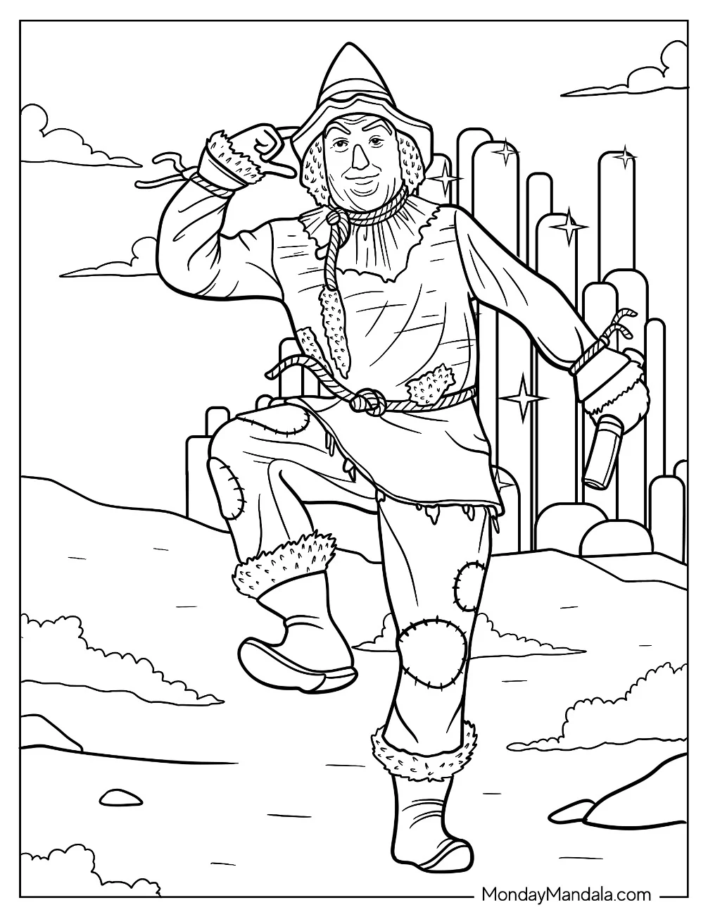 Wizard Of Oz Coloring Page Of Detailed Scarecrow Skipping On The Golden Brick Road coloring page — printable line art