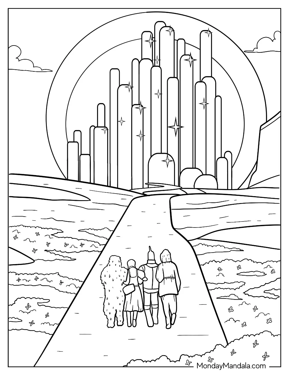 Wizard Of Oz Coloring Page Of Dorothy And Friends Walking To Emerald City coloring page