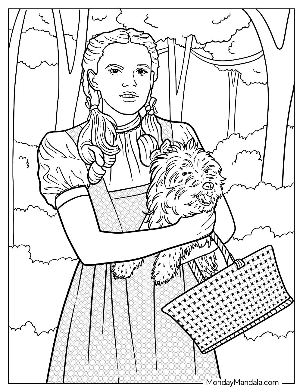 Wizard Of Oz Coloring Page Of Dorothy Holding Toto And A Basket In Oz coloring page — printable line art
