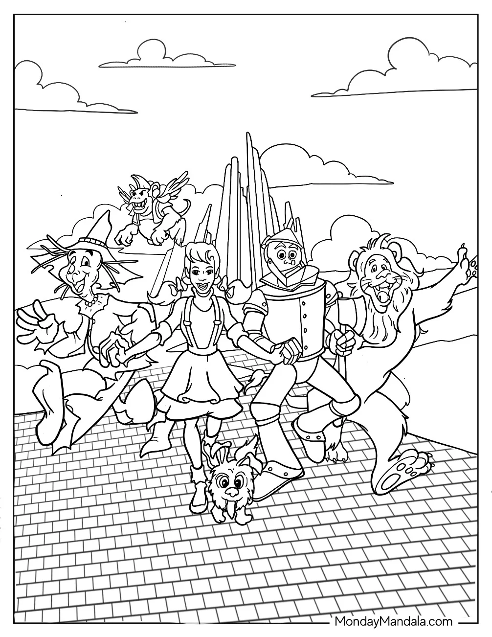 Wizard Of Oz Coloring Page Of Dorothy, Scarecrow, Lion, Tin Man, And Toto For Kids coloring page