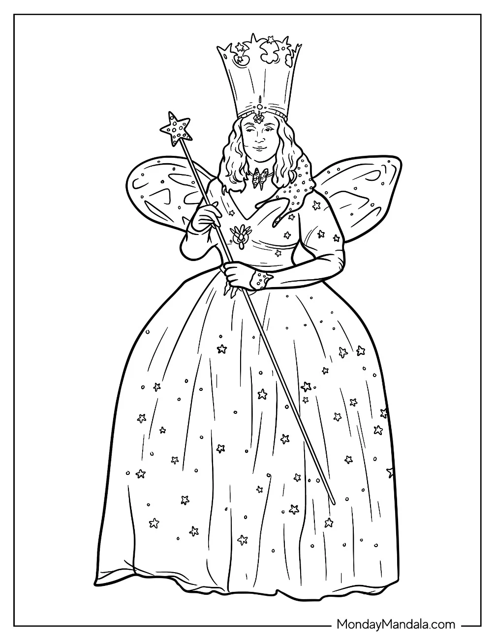 Wizard Of Oz Coloring Page Of Smiling Glinda The Witch Holding Her Wand coloring page
