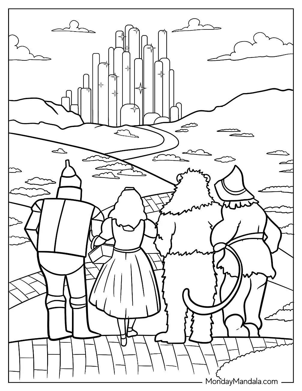Wizard Of Oz Coloring Page Of Tin Man, Dorothy, Lion, And Scarecrow Looking At Emerald City coloring page