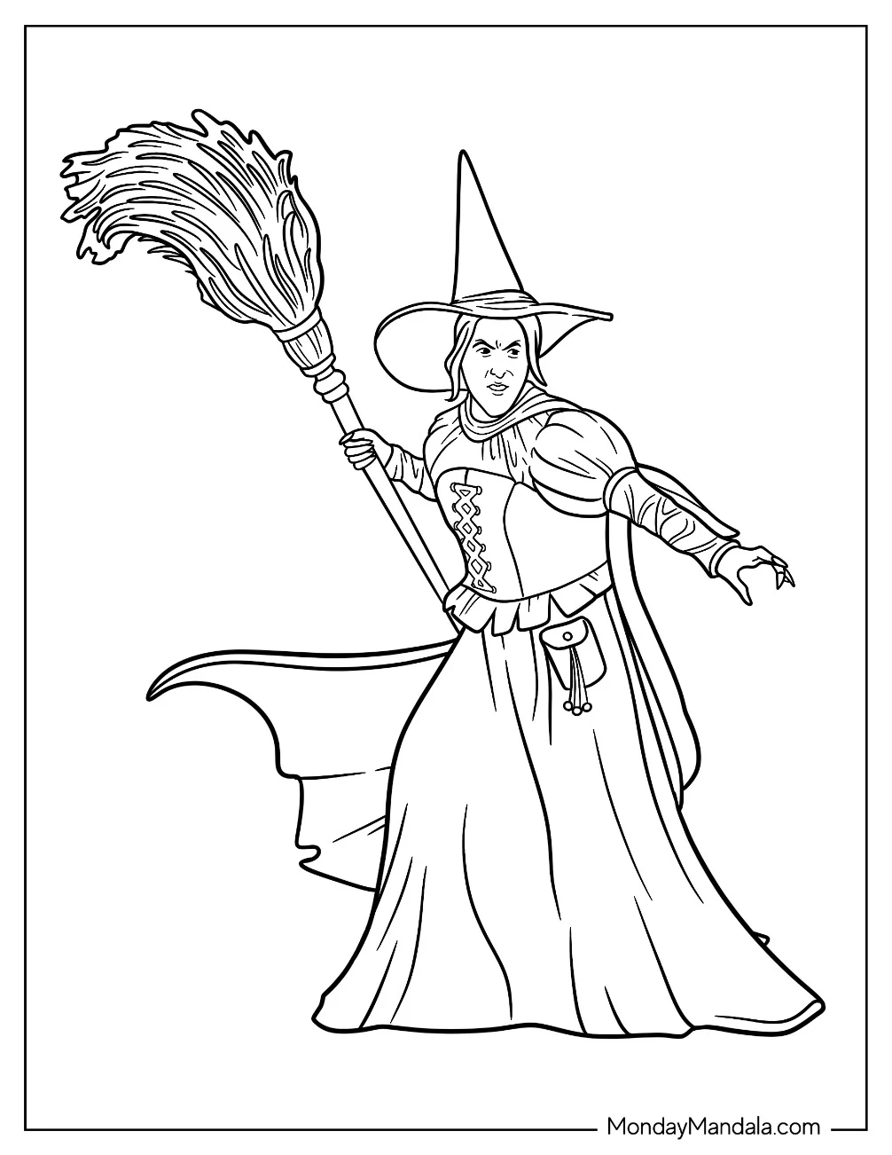 Wizard Of Oz Coloring Page Of Wicked Witch Of The West Holding Her Broom Up coloring page — printable line art