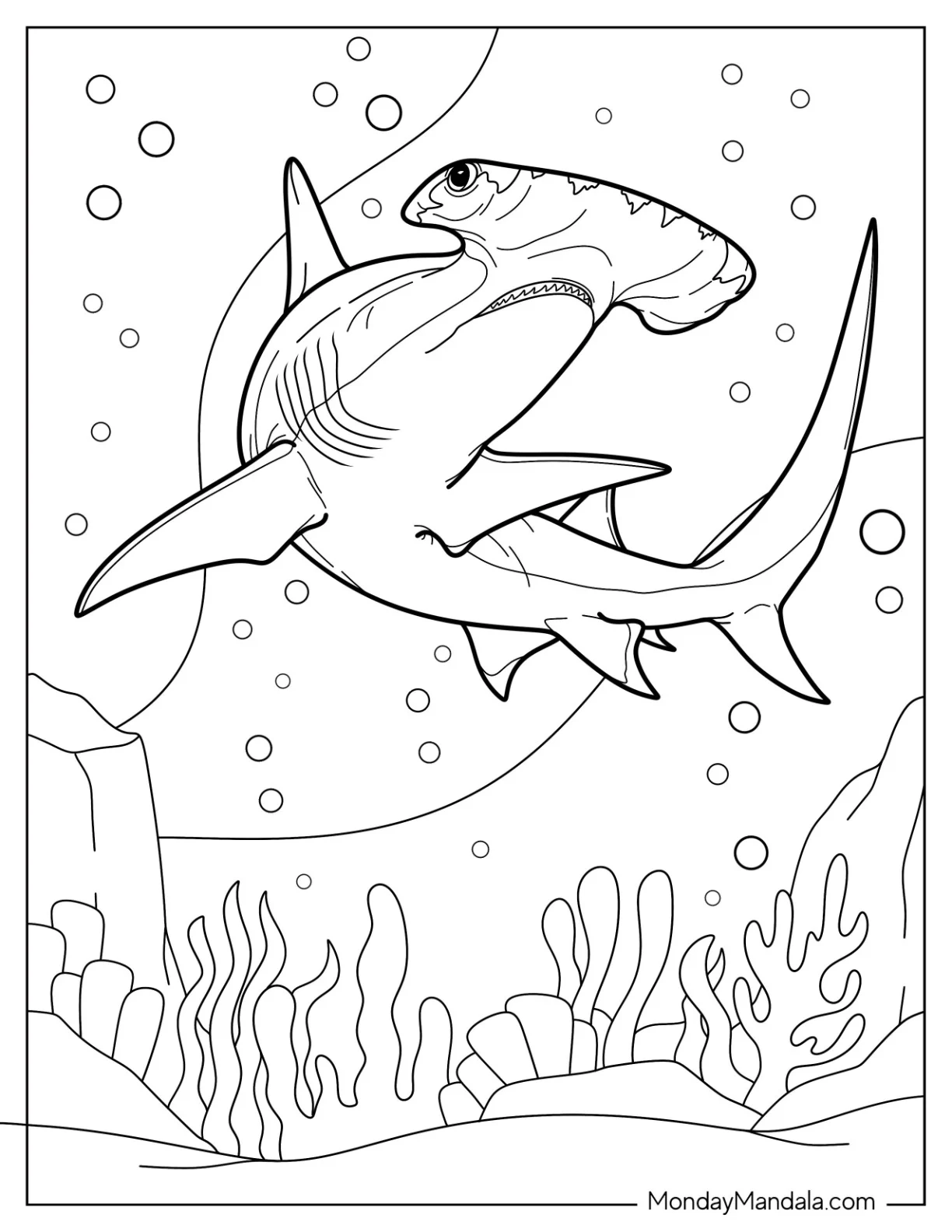 Angry Hammerhead Shark Coloring Page Deep Underwater coloring page
