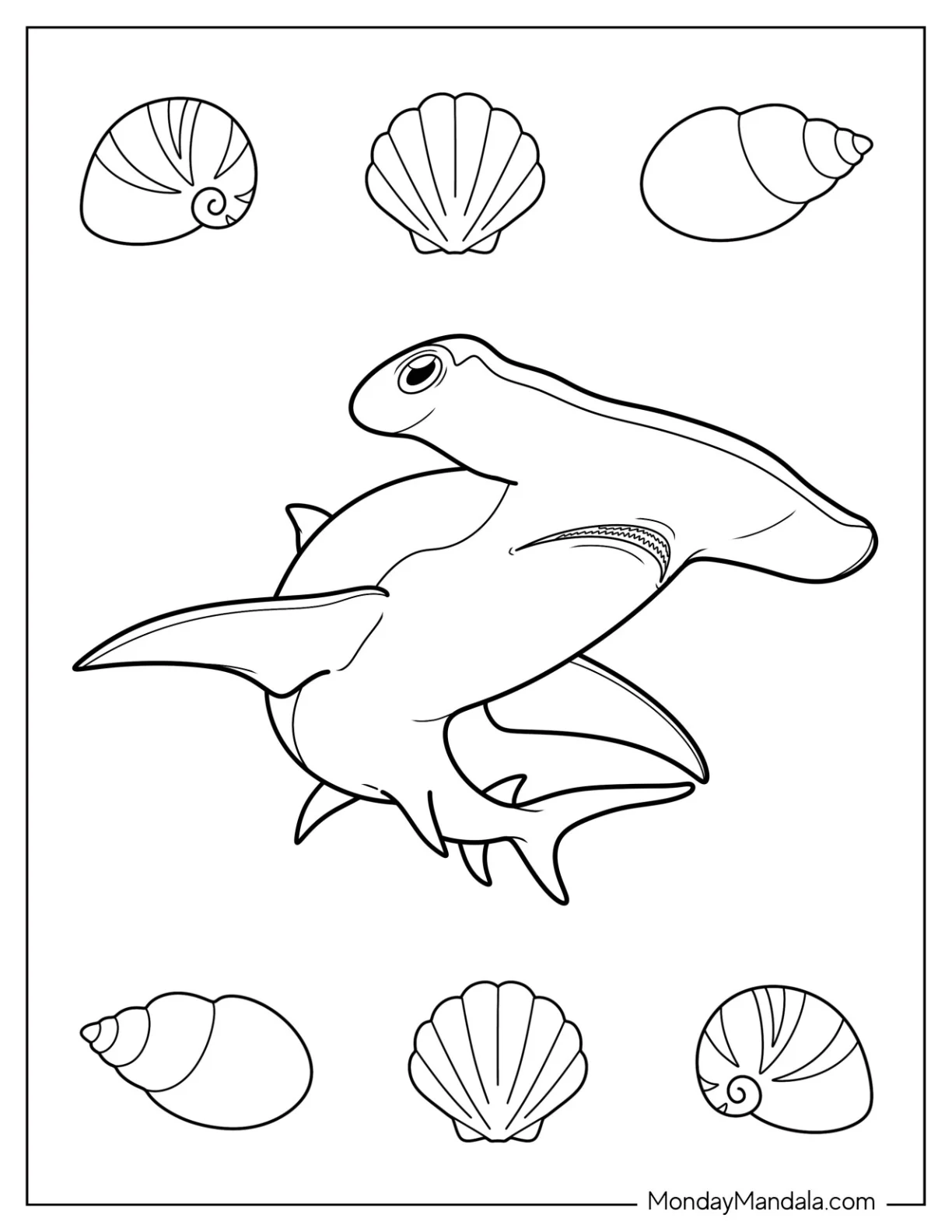 Easy Hammerhead Shark Coloring Page With Seashells coloring page