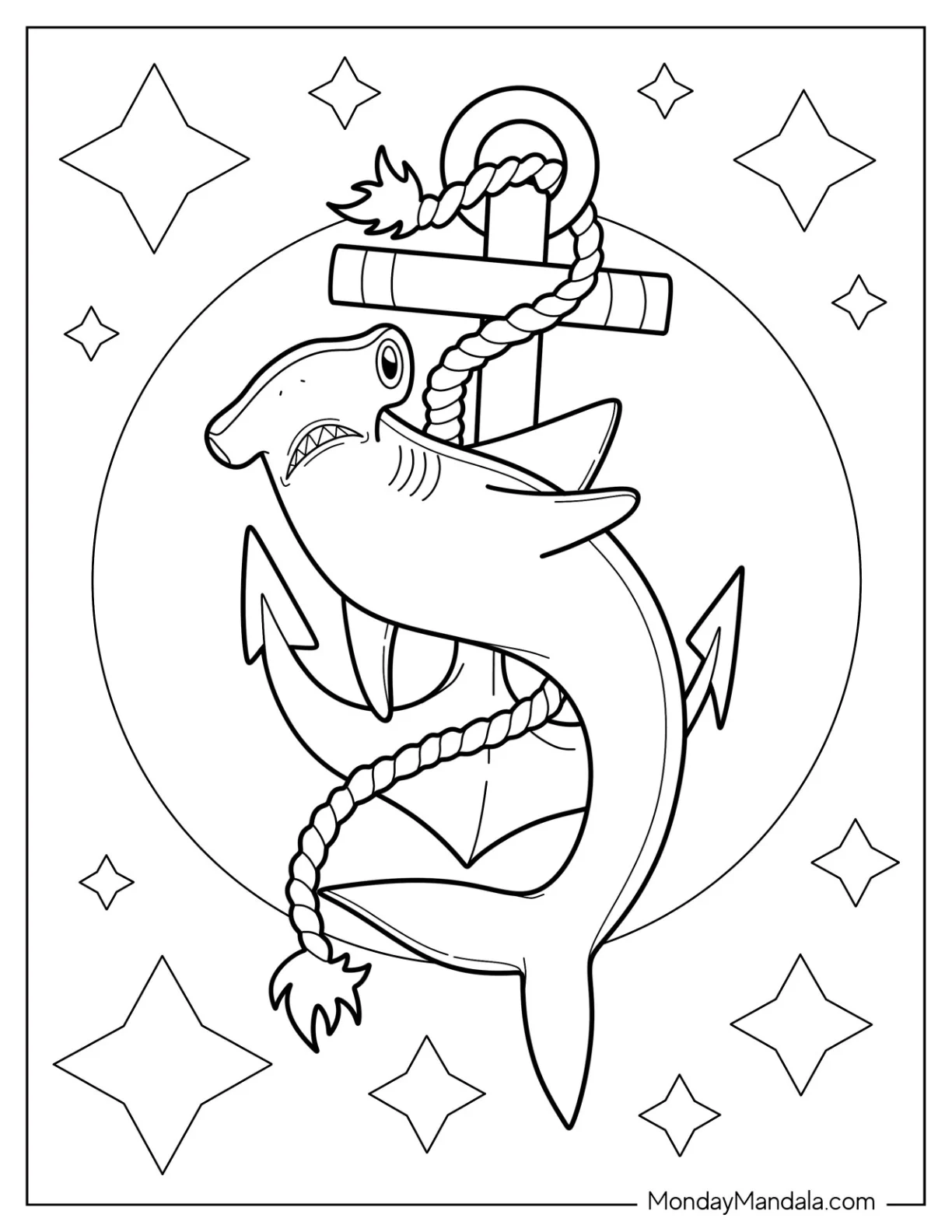 Hammerhead Shark Coloring Page With Anchor In The Background coloring page
