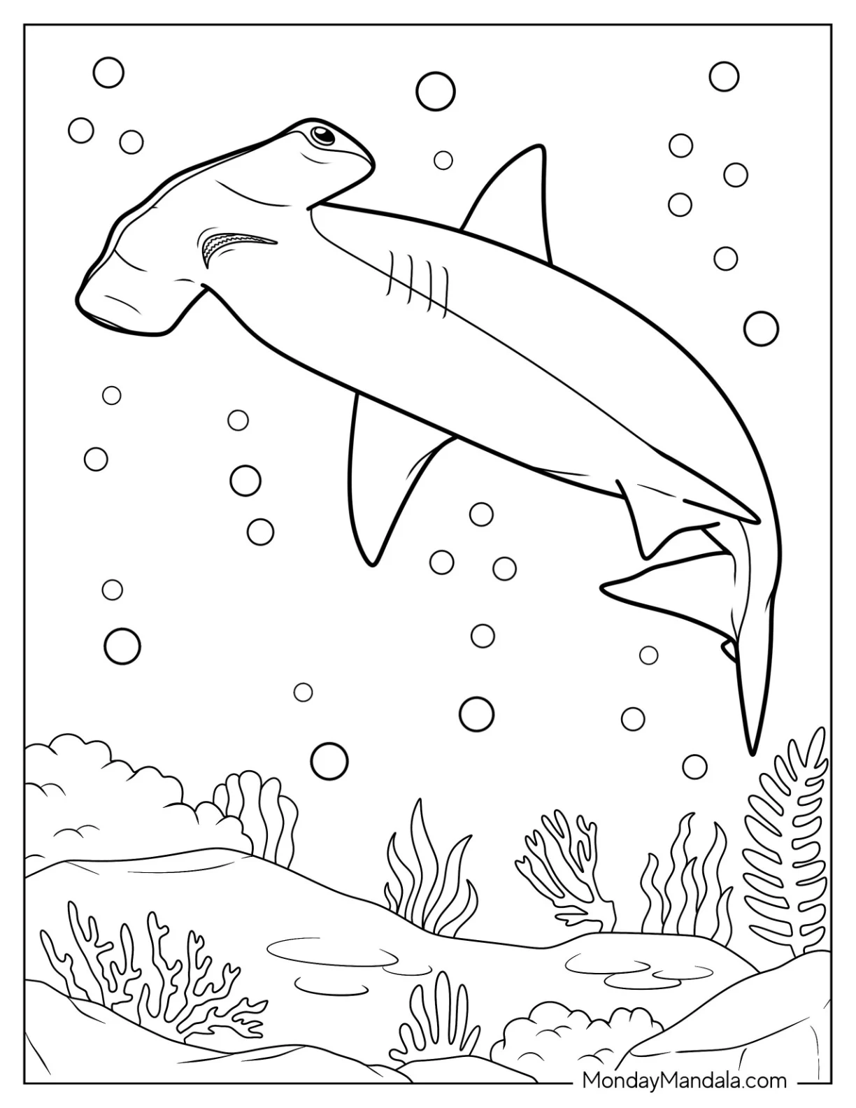 Large Hammerhead Shark Coloring Page Near A Coral Reef coloring page