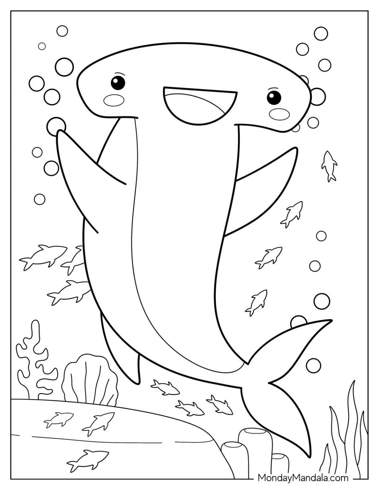 Simple Smiling Hammerhead Shark Coloring Page For Preschoolers coloring page