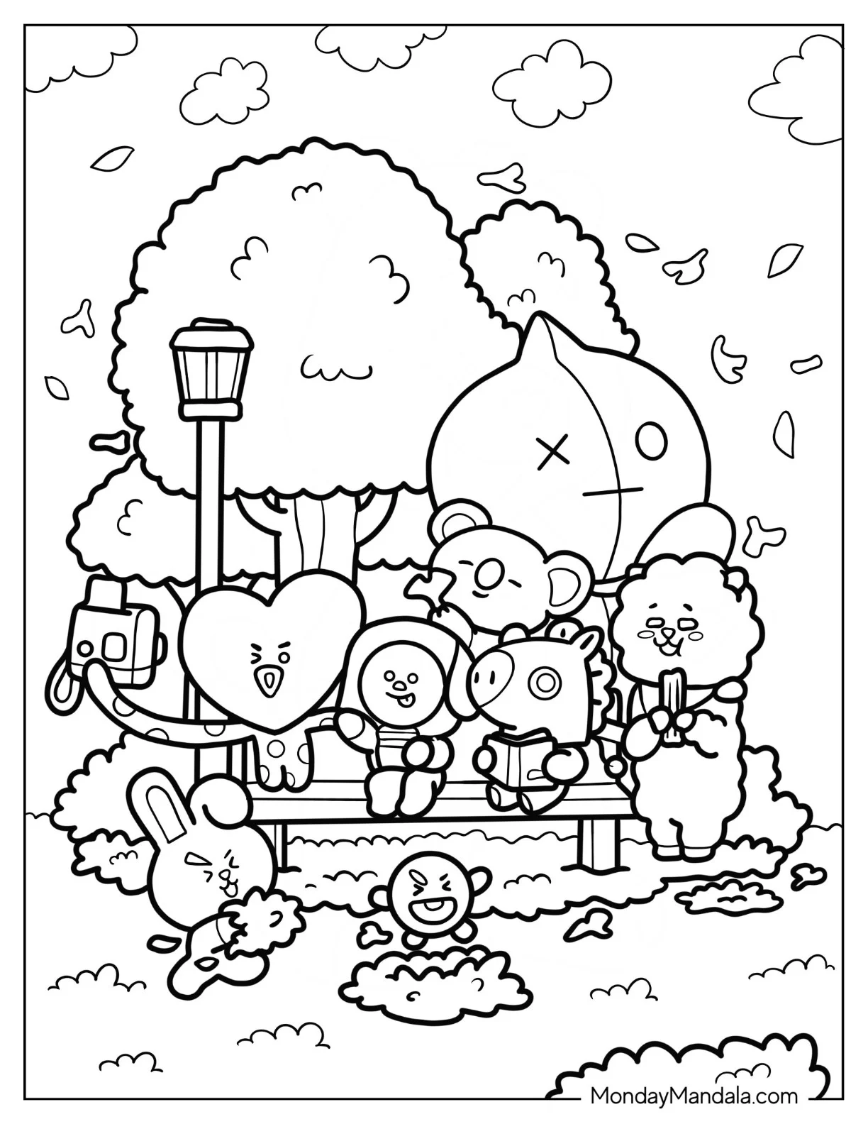 BT21 Coloring Page Of Cooky, RJ, Tata, Chimmy, Koya, Shooky, Mang, Van On Park Bench coloring page