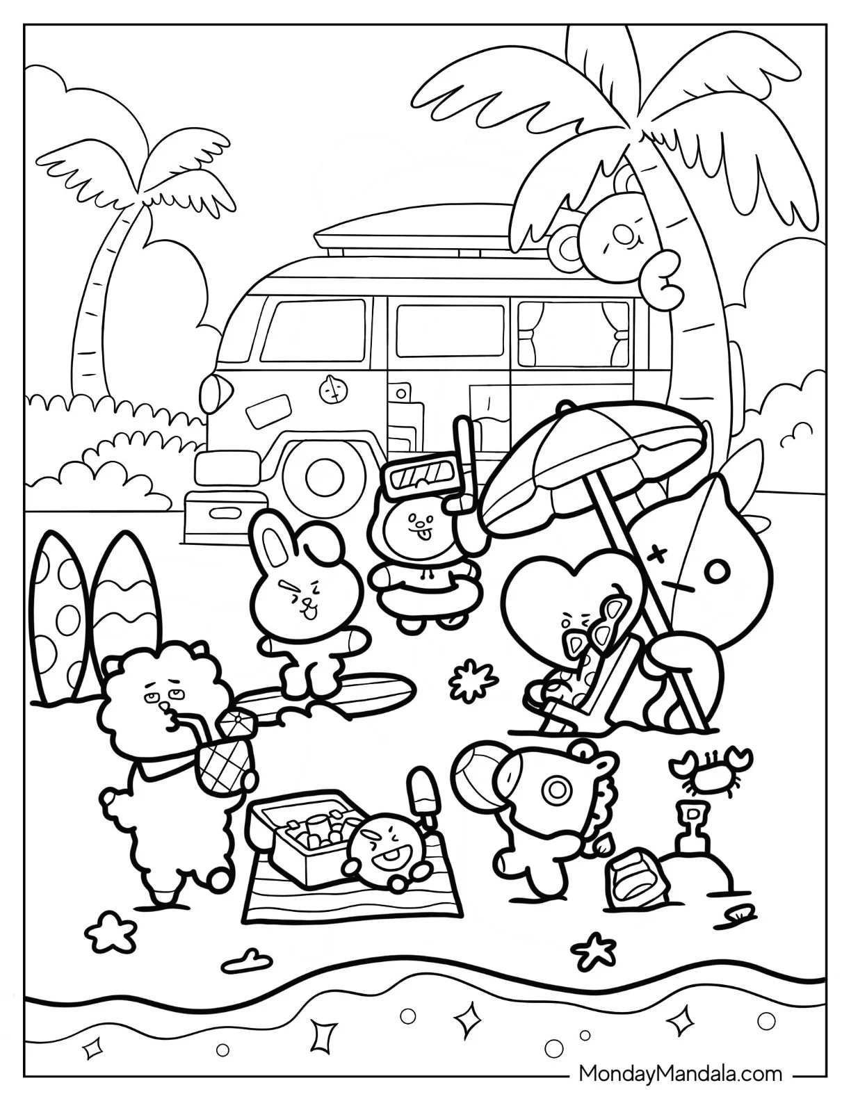 BT21 Coloring Page Of Friends Playing At The Beach coloring page — printable line art