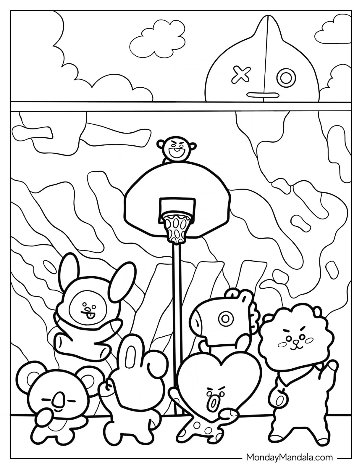 BT21 Coloring Page Of Friends Playing Basketball coloring page