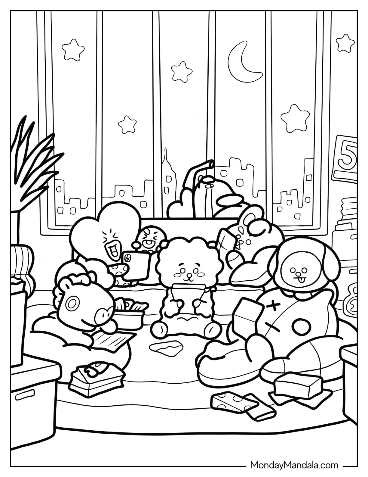 BT21 Coloring Page Of Friends Reading In The Living Room coloring page