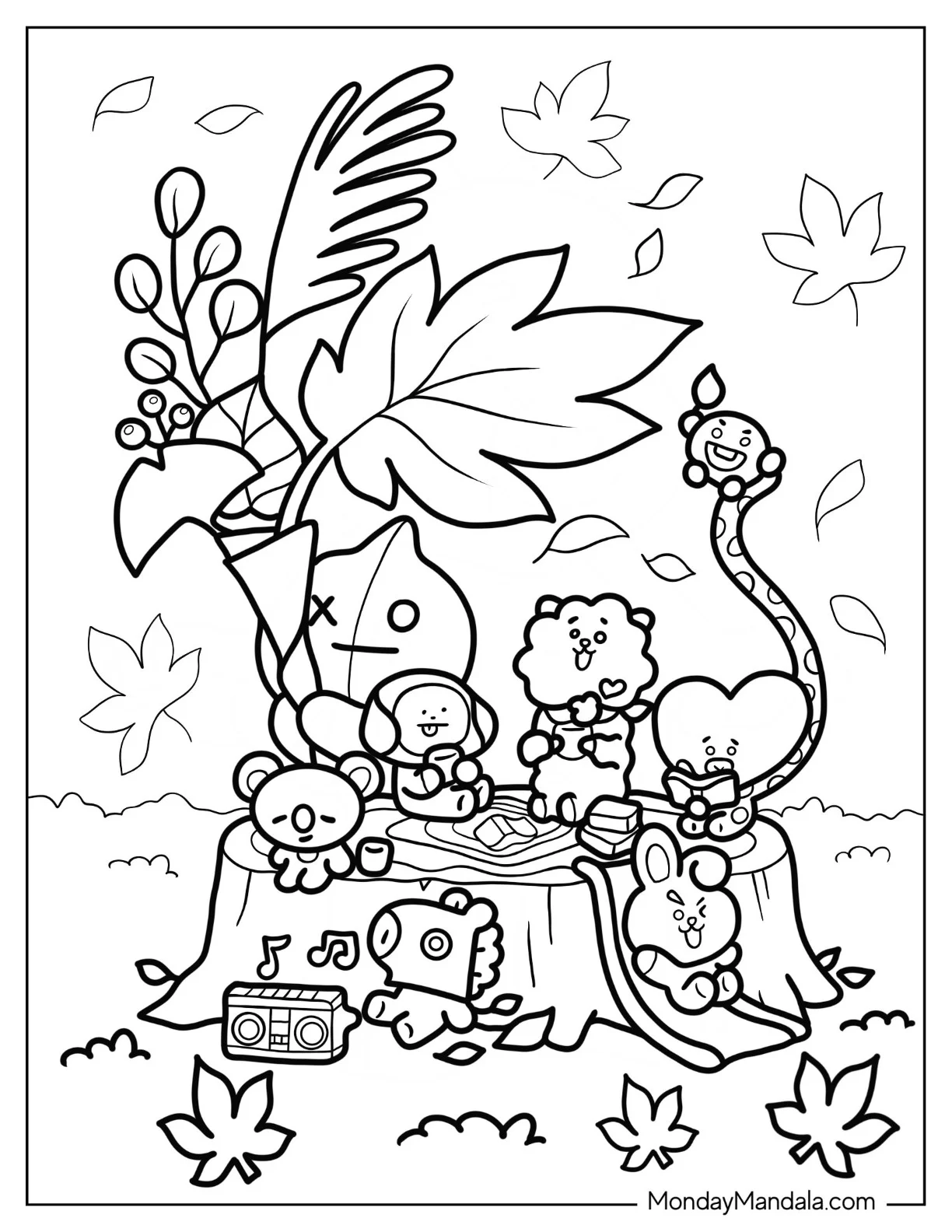 BT21 Coloring Page Of Friends Sitting On A Tree Stump coloring page