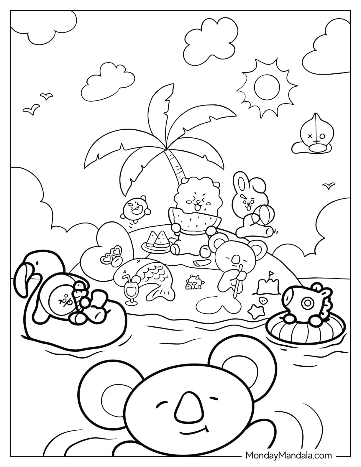 BT21 Coloring Page Of RJ, Tata, Chimmy, Cooky, Koya, Shooky, Mang, And Van At The Beach coloring page — printable line art