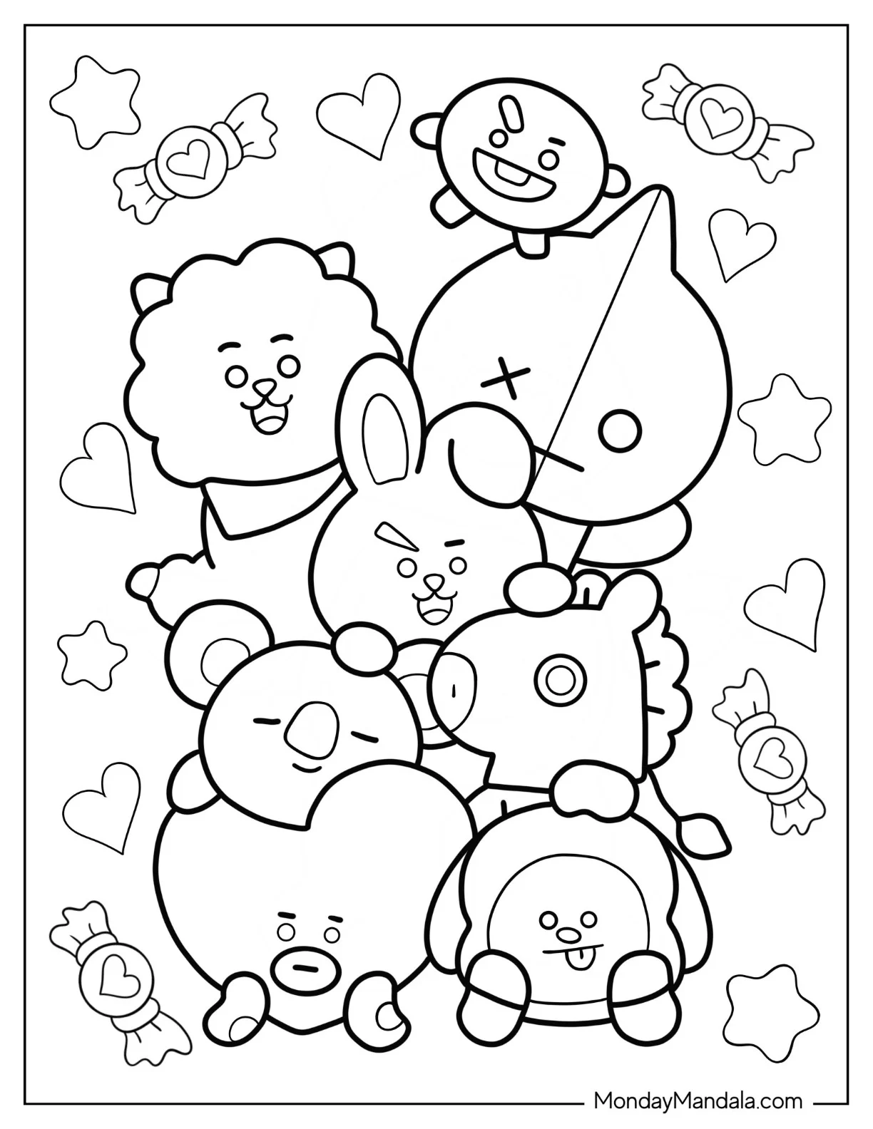 BT21 Coloring Page Of Shooky, RJ, Van, Cooky, Koya, Tata, Mang, And Chimmy coloring page
