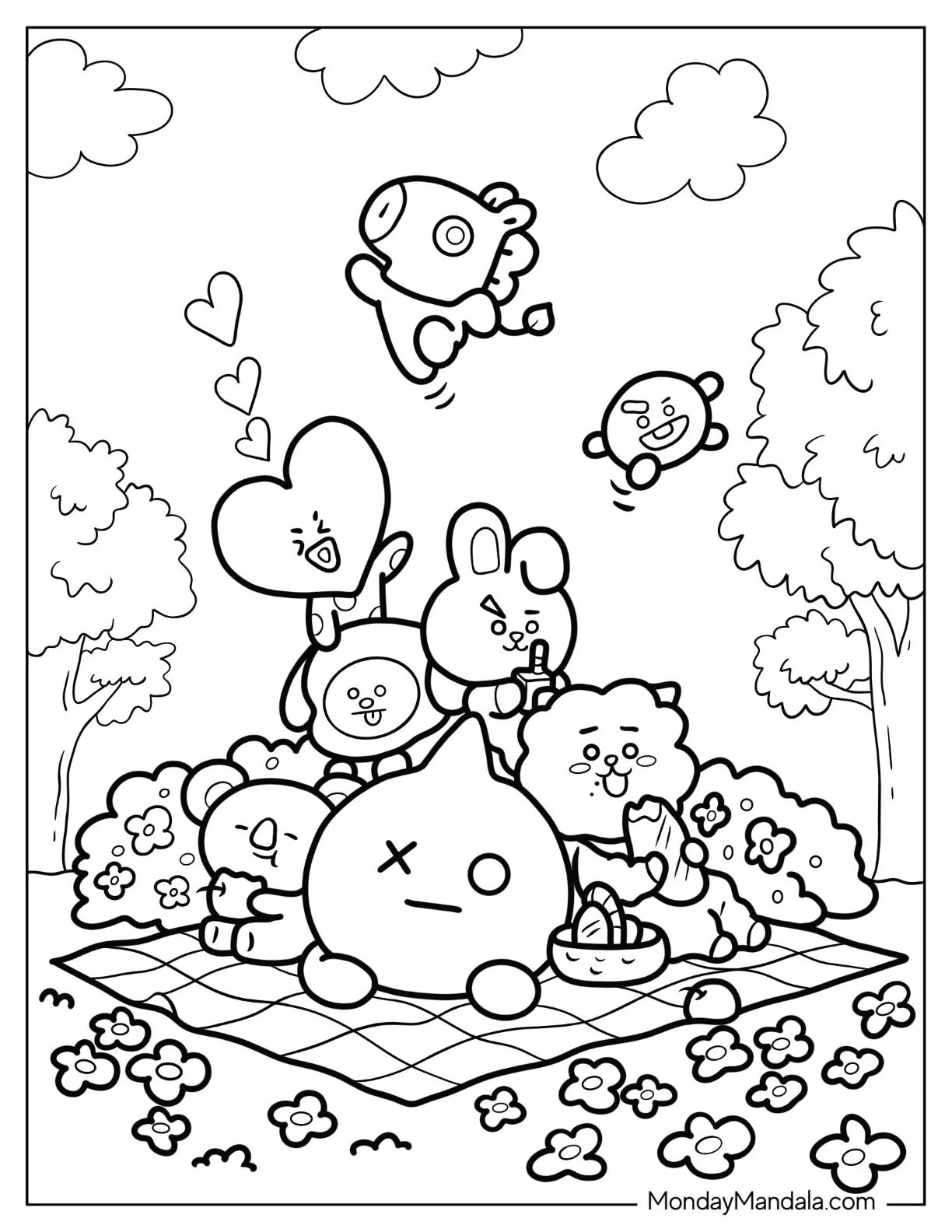 BT21 Coloring Page Of Tata, RJ, Chimmy, Cooky, Koya, Shooky, Mang, And Van On A Picnic coloring page