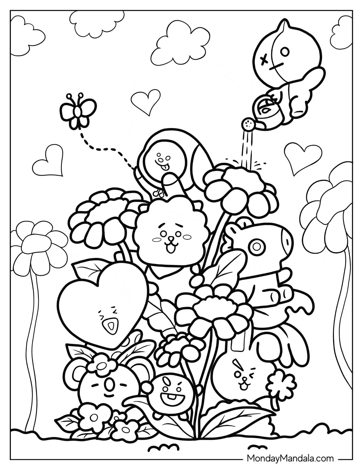 BT21 Coloring Page Of Tata, RJ, Chimmy, Cooky, Koya, Shooky, Mang, And Van Watering Plants coloring page